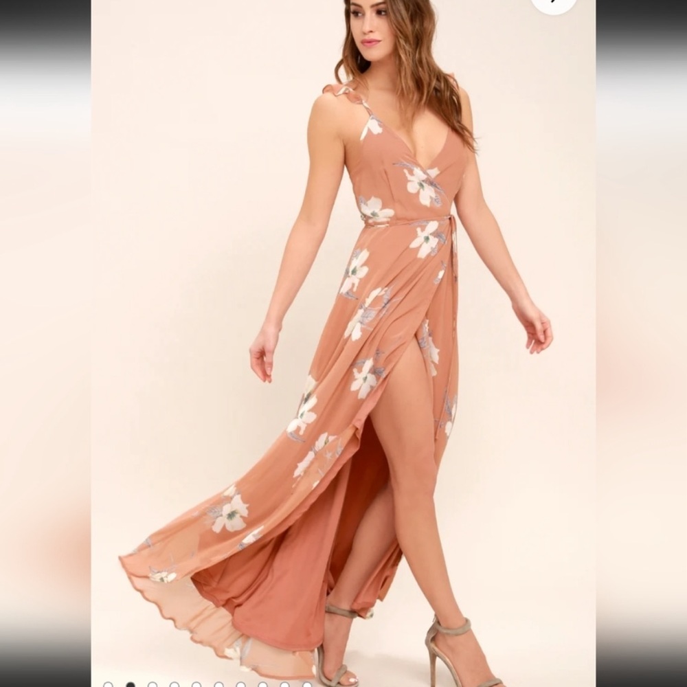 Lulu’s Taupe & Cream All Mine Rusty Rose Floral High-Low Slit Wrap Dress NWT XS
